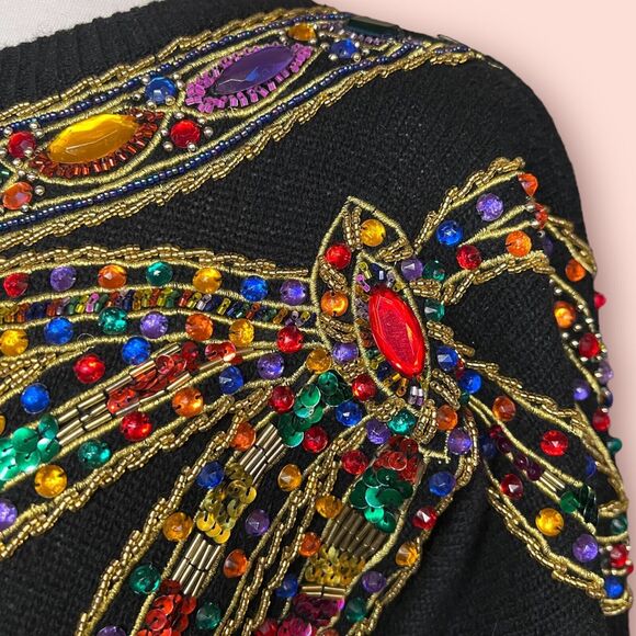 Vintage Cedars Sport Black Sweater Medium Embellished Gems Sequin Bead Embroider - Picture 6 of 7